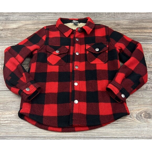 Eddie Bauer Kids Fleece Snap Front Jacket Shacket 6/7 Black Red Plaid Cabincore - Picture 1 of 13